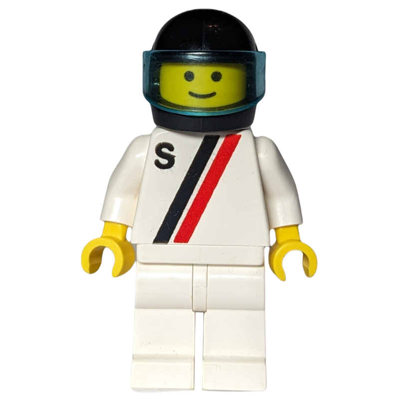 Pilote de course, chemise blanche à deux rayures et 'S', jambes blanches, casque noir avec visière (3626b tête) (Racer, White Shirt with Two Stripes and 'S', White Legs, Black Helmet with Visor (3626b Head))