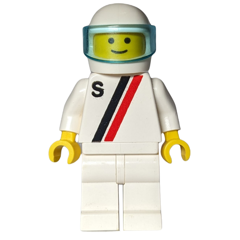 Pilote de course, chemise blanche à deux rayures et 'S', jambes blanches, casque blanc avec visière (Racer, White Shirt with Two Stripes and 'S', White Legs, White Helmet with Visor)