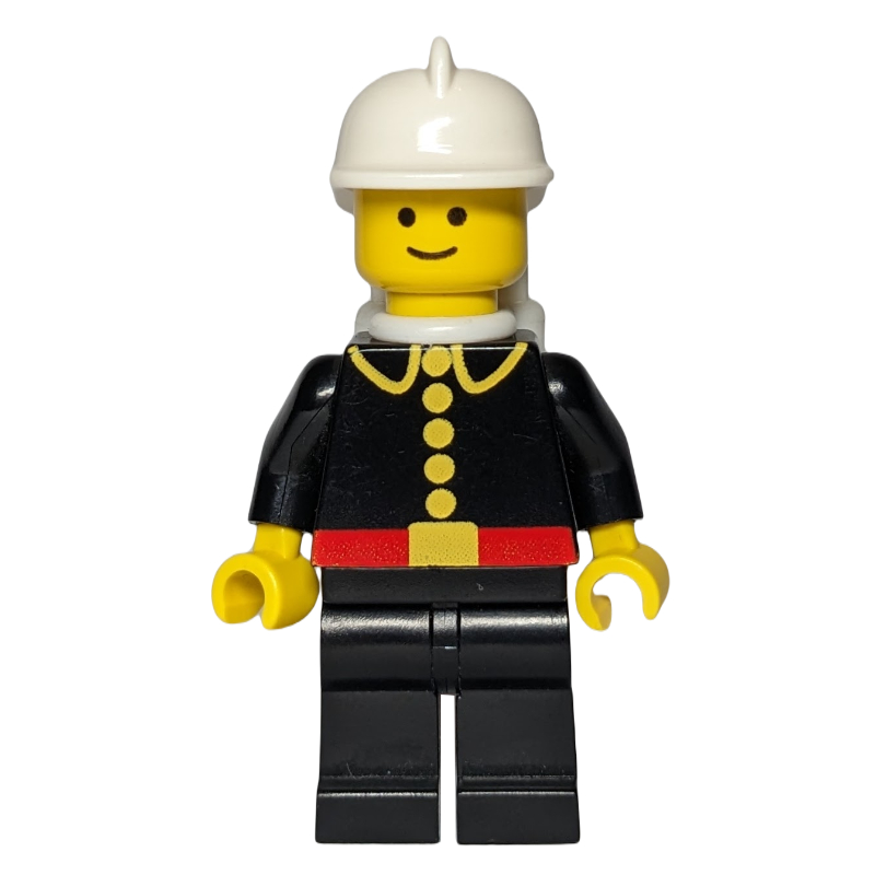Pompier, classique, veste de pompier noire avec ceinture rouge et boutons, casque blanc, bouteilles d’air blanches (Fireman, Classic, Black Fire Jacket with Red Belt and Buttons, White Helmet, White Airtanks)
