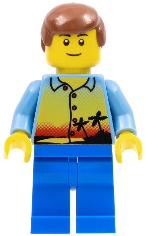 Homme, chemise coucher de soleil avec palmiers, jambes bleues, cheveux brun rougeâtre (Man, Sunset Shirt with Palm Trees, Blue Legs, Reddish Brown Hair)