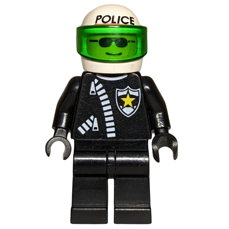 Policier, veste noire avec fermeture éclair et insigne, casque blanc avec inscription 'POLICE' et visière vert transparent, lunettes de soleil (Policeman, Black Jacket with Zipper and Badge, White Helmet with 'POLICE' and Trans-Green Visor, Sunglasses)