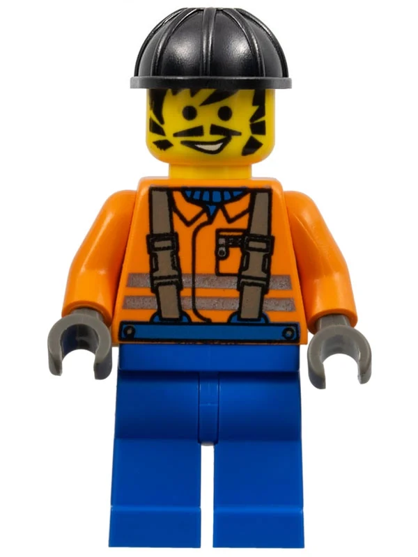 Dave - travailleur de la construction, veste orange avec bretelles, casque de chantier noir, moustache et favoris (Dave - Construction Worker, Orange Jacket with Suspenders, Black Hard Hat, Moustache and Sideburns)