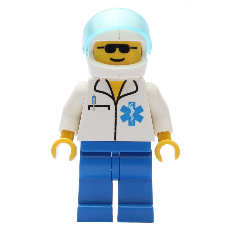 Médecin, chemise blanche avec logo étoile de la vie, casque blanc avec visière, lunettes de soleil (Doctor, White Shirt with Star of Life Logo, White Helmet with Visor, Sunglasses)