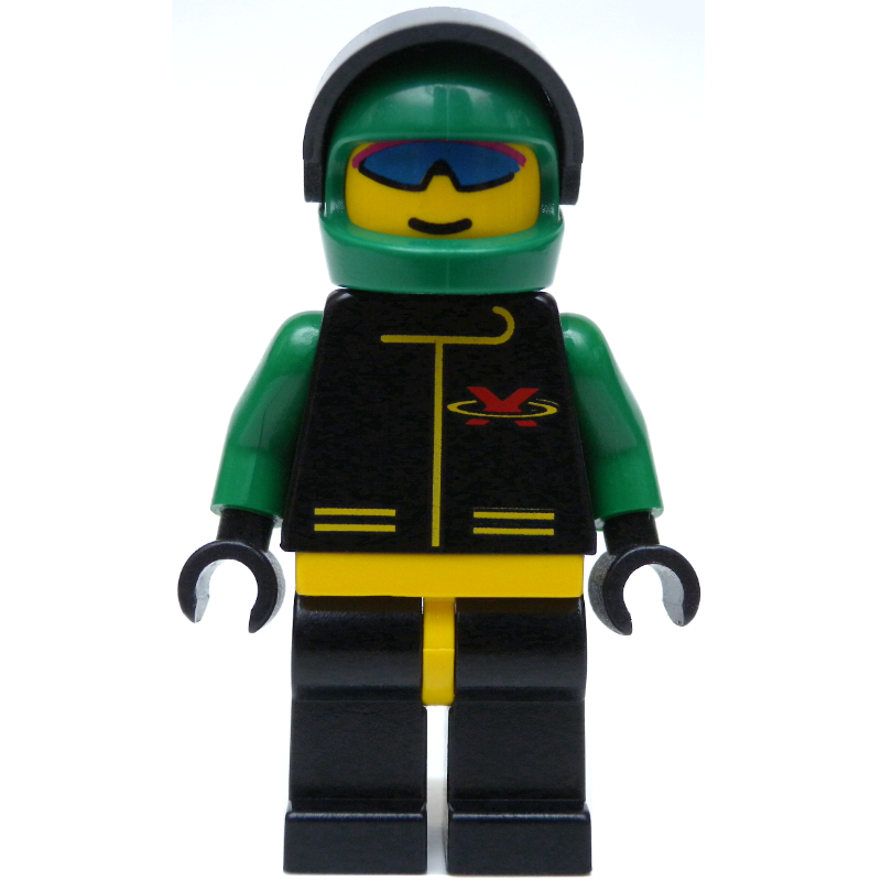 Coureur, équipe extrême, veste noire, jambes noires, casque vert avec visière, lunettes de soleil bleues (Racer, Extreme Team, Black Jacket, Black Legs, Green Helmet with Visor, Blue Sunglasses)