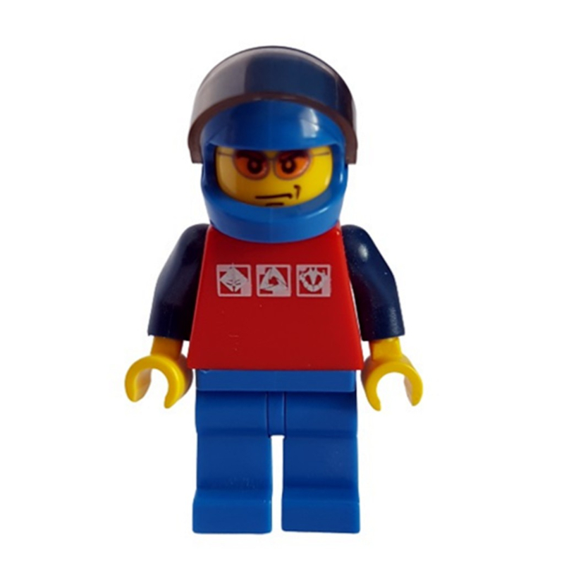 Man, Red Top with Dark Blue Arms, Blue Legs, Blue Helmet with Visor, Orange Sunglasses