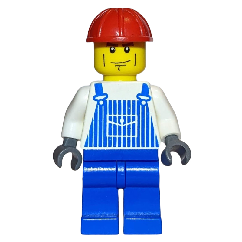 Travailleur de la construction, salopette blanche et bleue, chapeau dur rouge, lignes de joues (Construction Worker, White and Blue Overalls, Red Hard Hat, Cheek Lines)