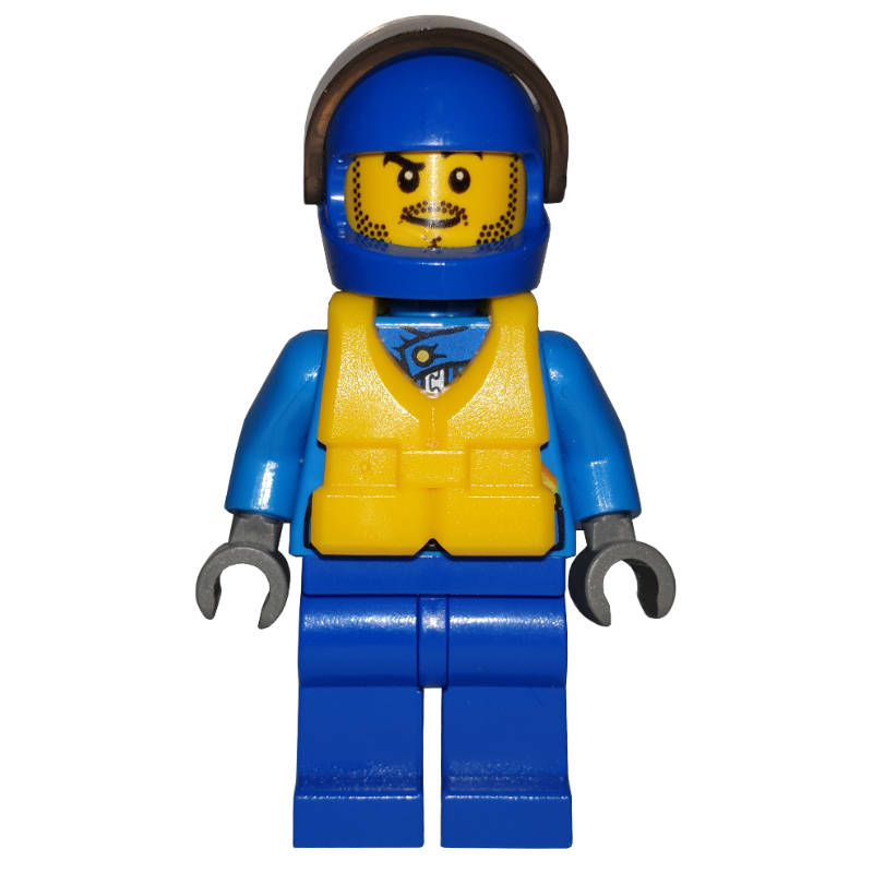 Pilote de course, combinaison azur foncé et bleue, casque bleu avec visière, gilet de sauvetage jaune (Racer, Dark Azure and Blue Jumpsuit, Blue Helmet with Visor, Yellow Life Vest)
