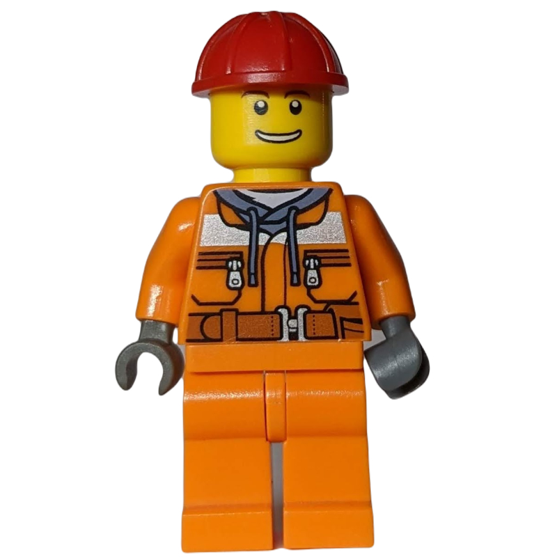 Travailleur de la construction, veste de sécurité sur sweat à capuche avec ceinture, jambes orange, chapeau dur rouge (Construction Worker, Safety Jacket over Hoodie with Belt, Orange Legs, Red Hard Hat)
