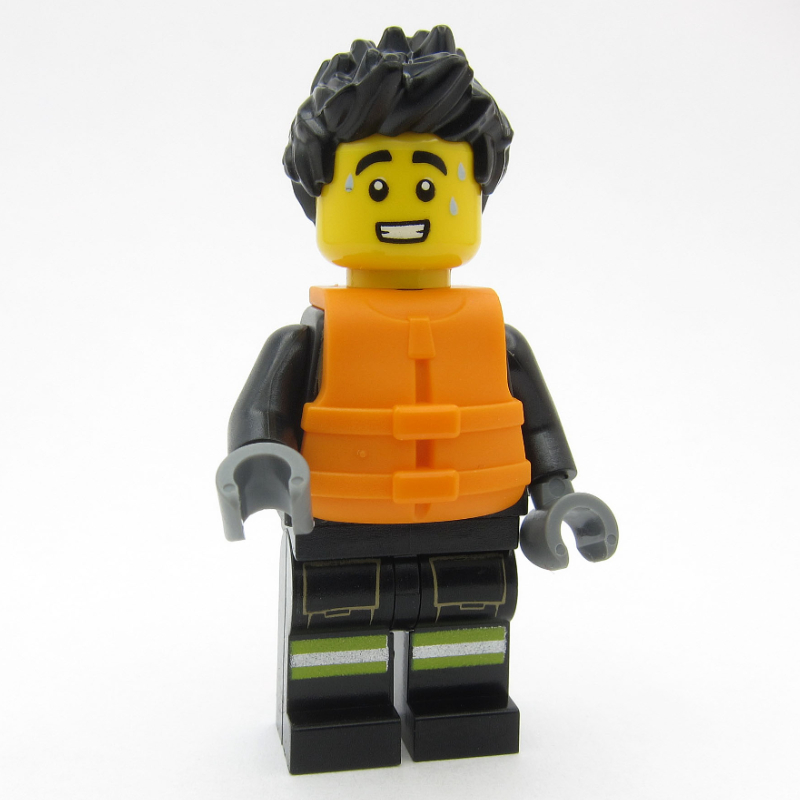 Pompier, costume de feu noir, gilet de sauvetage orange, cheveux noirs (Firefighter, Black Fire Suit, Orange Life Jacket, Black Hair)