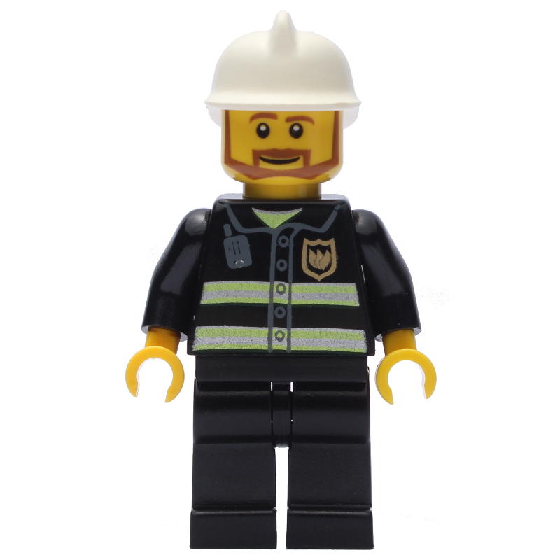 Pompier, veste de feu noir avec bandes réfléchissantes, radio et badge, casque blanc, barbe angulaire (Fireman, Black Fire Jacket with Reflective Stripes, Radio, and Badge, White Helmet, Angular Beard)