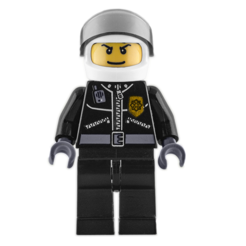 Policier, veste noire avec fermeture à glissière, radio et badge, casque et visière blancs, ligne de cheveux imprimée (Policeman, Black Jacket with Zipper, Radio, and Badge, White Helmet and Visor, Printed Hair-line)