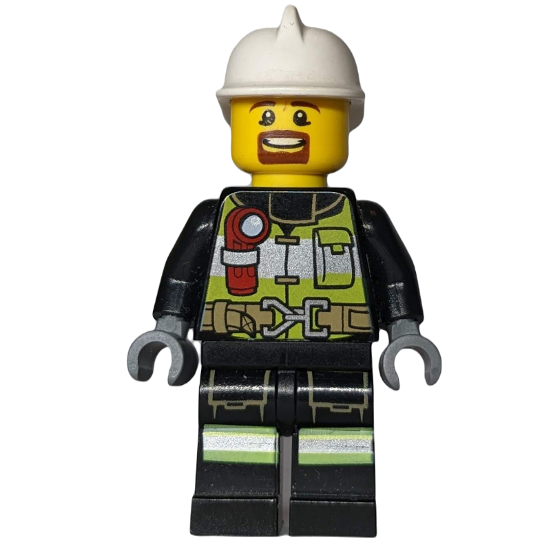 Pompier, gilet de sécurité avec lampe de poche, poche et ceinture, casque blanc, bouc (Fireman, Safety Vest with Flashlight, Pocket, and Belt, White Helmet, Goatee Beard)