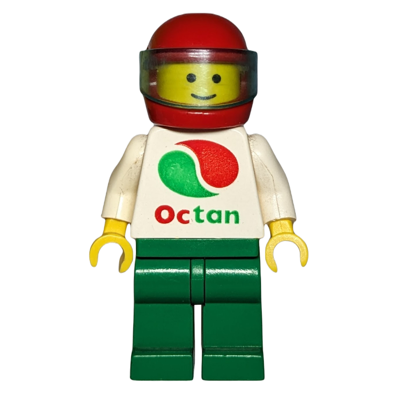 Pilote, chemise blanche avec grand logo Octan, jambes vertes, casque rouge avec visière (Pilot, White Shirt with Large Octan Logo, Green Legs, Red Helmet with Visor)