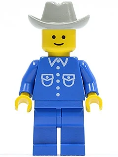 Homme, chemise bleue avec boutons et poches, jambes bleues, chapeau de cowboy gris clair (Man, Blue Shirt with Buttons and Pockets, Blue Legs, Light Gray Cowboy Hat)