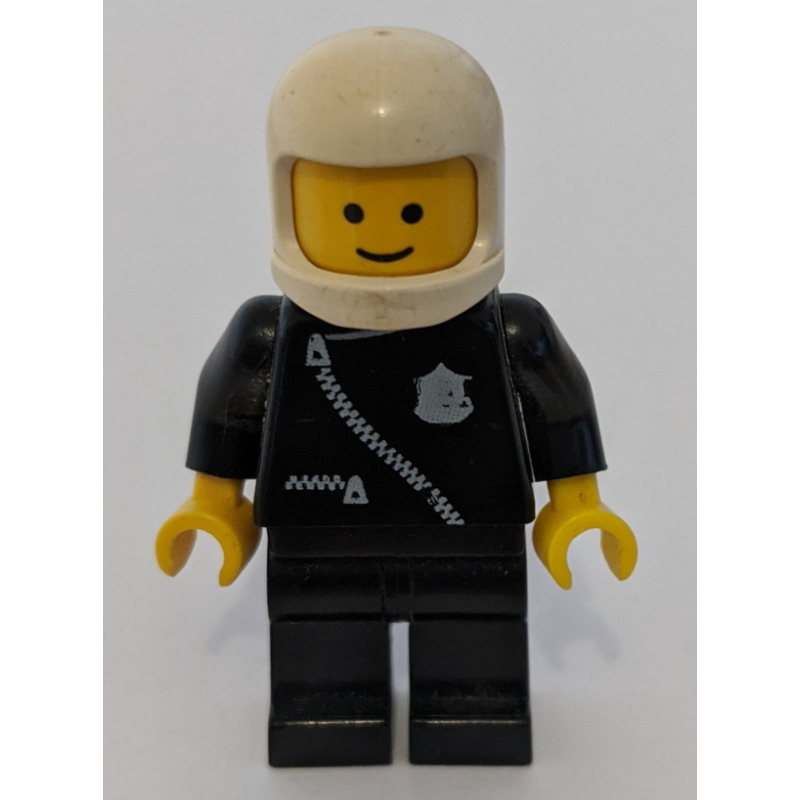 Policier, veste noire avec fermeture éclair et badge, casque blanc (casque 3842b) (Policeman, Black Jacket with Zipper and Badge, White Helmet (3842b Helmet))
