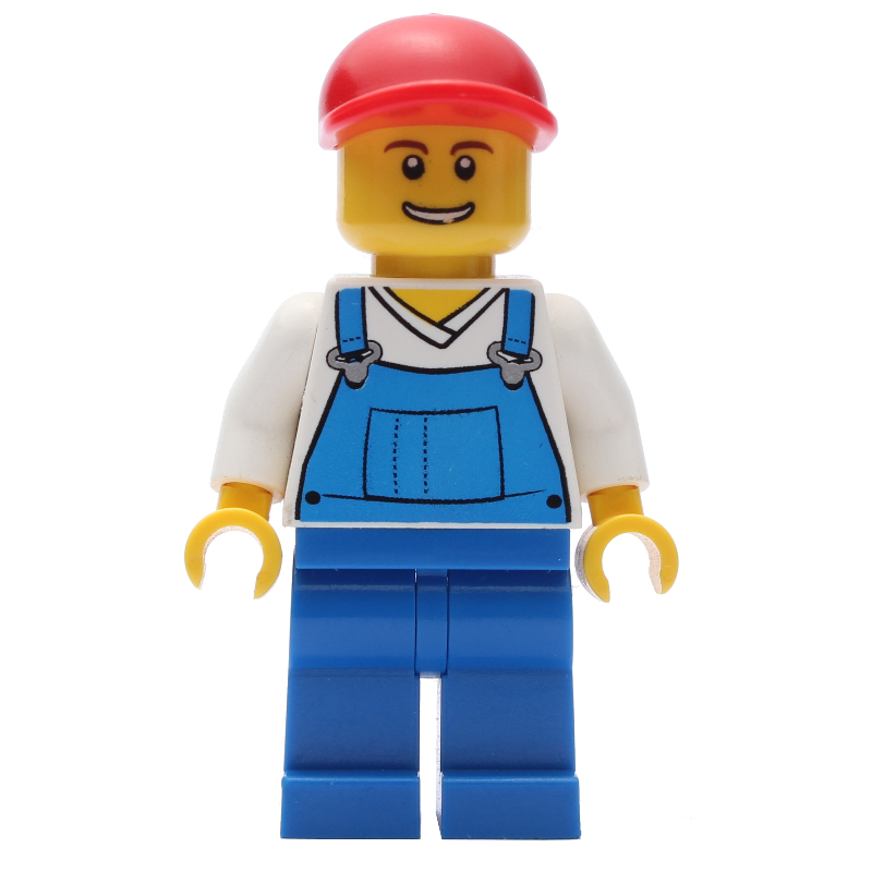 Homme, salopette bleue sur chemise à col en V blanche, casquette rouge, bouche ouverte (Man, Blue Overalls over White V-Neck Shirt, Red Cap, Open Mouth)