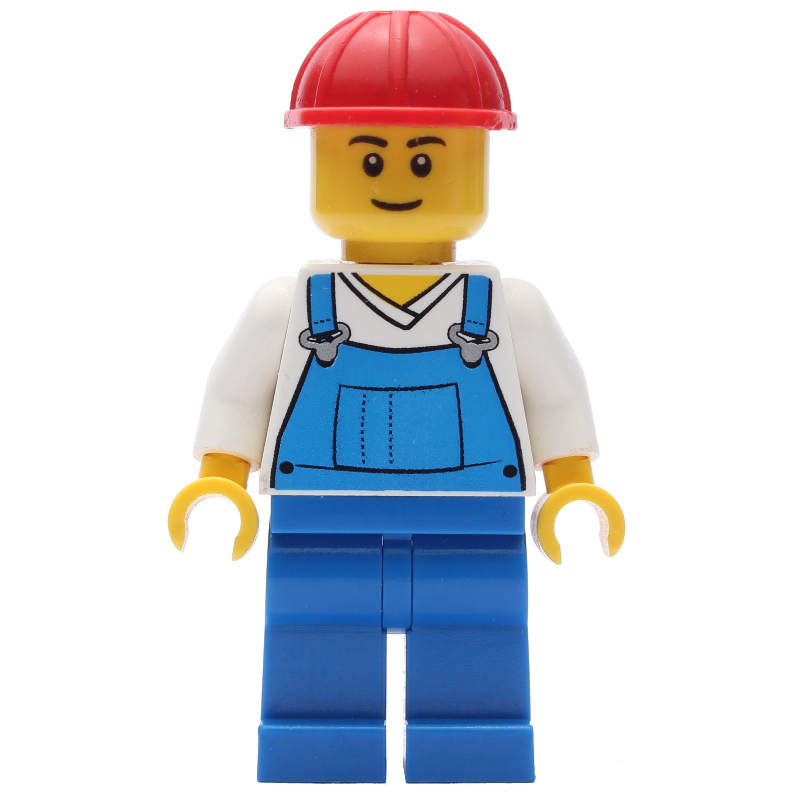 Salopette bleue et chemise blanche à col en V, casque de chantier rouge (Blue Overalls and White V-Necked Shirt, Red Hard Hat)