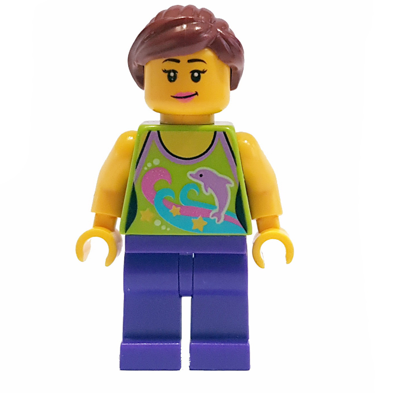 Femme, licol haut avec des dauphins, jambes pourpre foncé, queue de cheval brun foncé (Woman, Lime Halter Top with Dolphins, Dark Purple Legs, Dark Brown Ponytail)