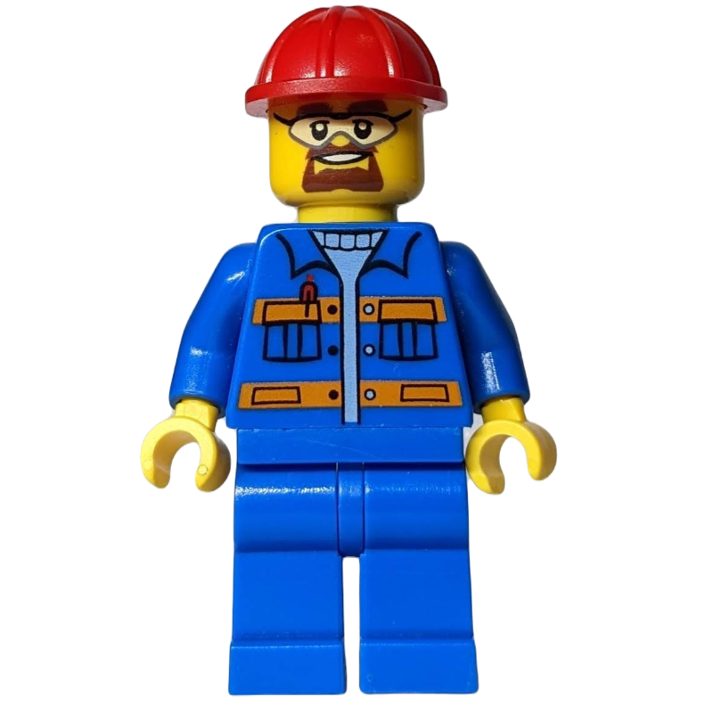 Ouvrier, veste bleue avec rayures orange, jambes bleues, casque de chantier rouge, bouc et lunettes de sécurité (Worker, Blue Jacket with Orange Stripes, Blue Legs, Red Hard Hat, Goatee Beard and Safety Glasses)