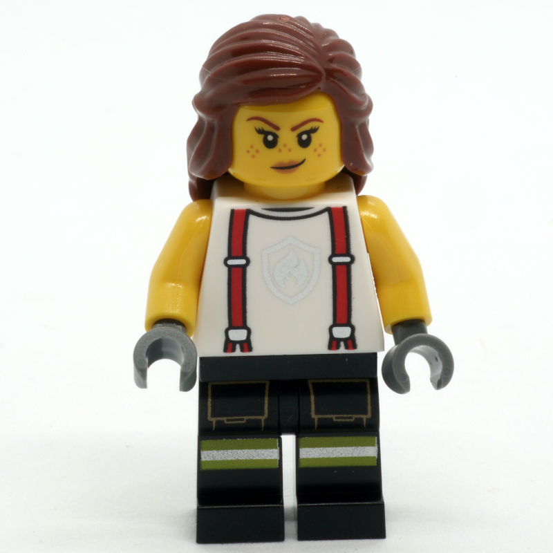 Pompier, chemise blanche, jambes noires, cheveux brun rougeâtre (Firefighter, White Shirt, Black Legs, Reddish Brown Hair)