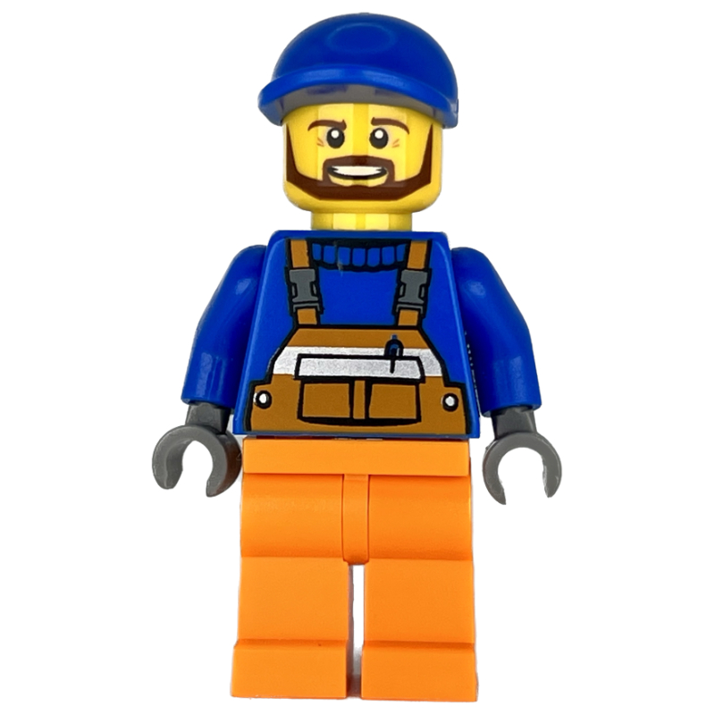 Ouvrier de chantier, salopette orange sur pull bleu, casquette bleue, barbe (Construction Worker, Orange Overalls over Blue Sweater, Blue Cap, Beard)