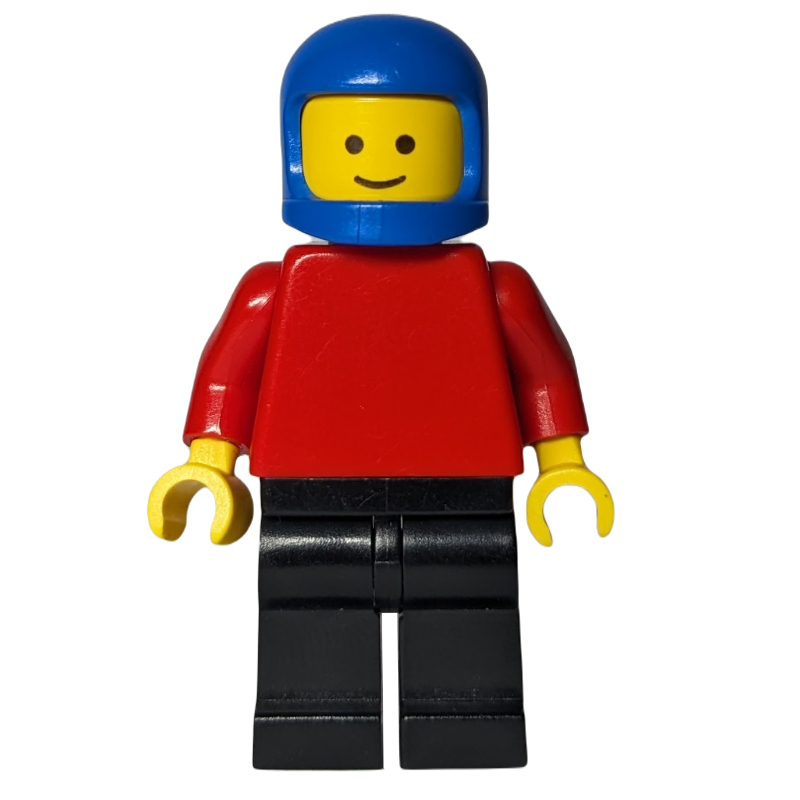 Homme, torse rouge sans motif, jambes noires, casque bleu (Man, Plain Red Torso, Black Legs, Blue Helmet)
