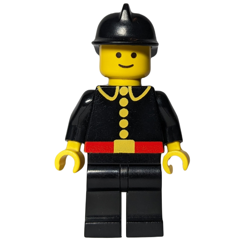 Pompier, classique, veste de feu noir avec ceinture rouge et boutons, casque noir (Fireman, Classic, Black Fire Jacket with Red Belt and Buttons, Black Helmet)