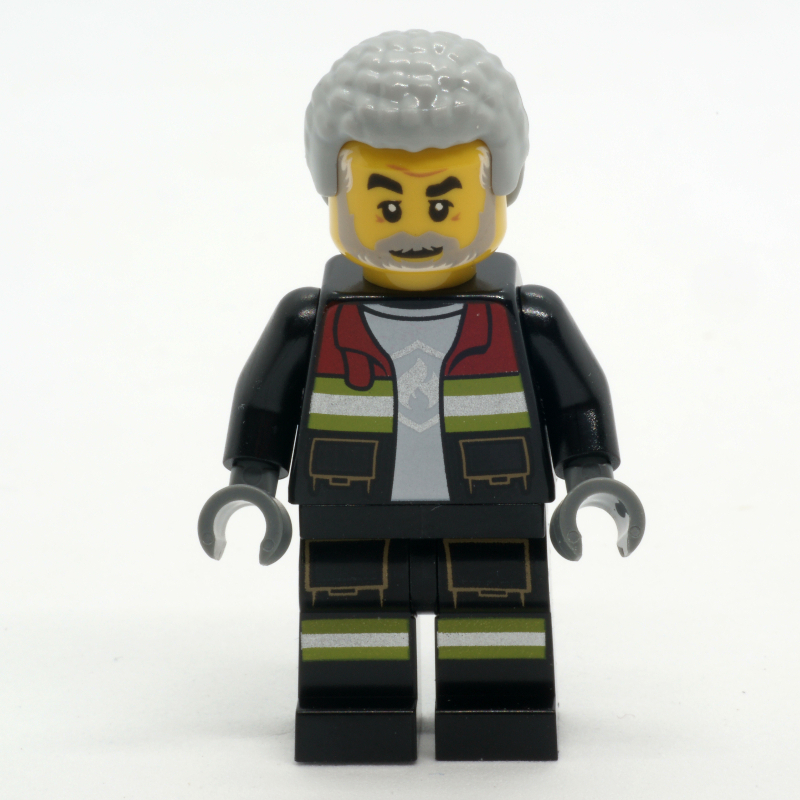 Pompier, costume de feu noir avec veste ouverte, cheveux gris bleuté clair, barbe (Firefighter, Black Fire Suit with Open Jacket, Light Bluish Gray Hair, Beard)