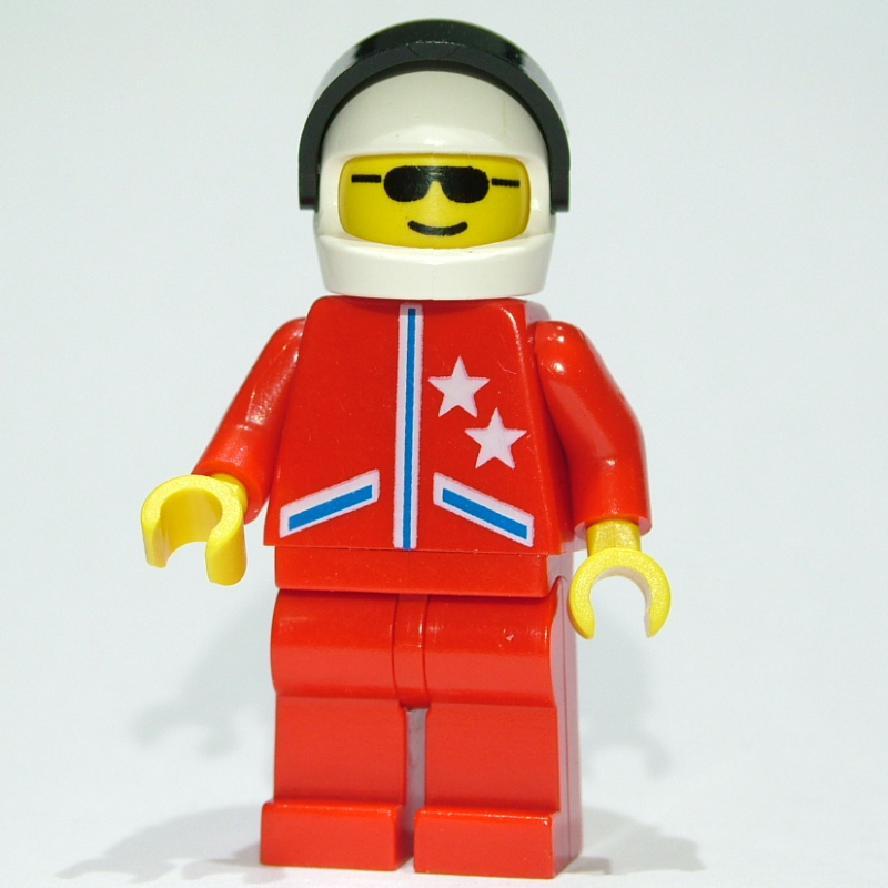Pilote de course, veste rouge avec 2 étoiles, casque blanc avec visière, lunettes de soleil (Racer, Red Jacket with 2 Stars, White Helmet with Visor, Sunglasses)