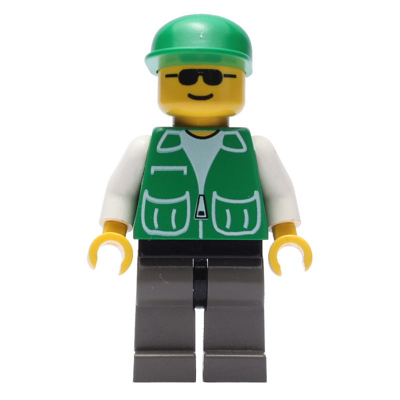 Ouvrier de chantier, veste verte avec poches, casquette verte, lunettes de soleil (Construction Worker, Green Jacket with Pockets, Green Cap, Sunglasses)