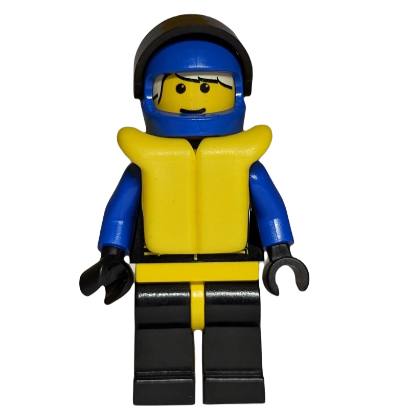 Pilote de course, Extreme Team, veste noire, casque bleu avec visière, gilet de sauvetage jaune (Racer, Extreme Team, Black Jacket, Blue Helmet with Visor, Yellow Life Vest)