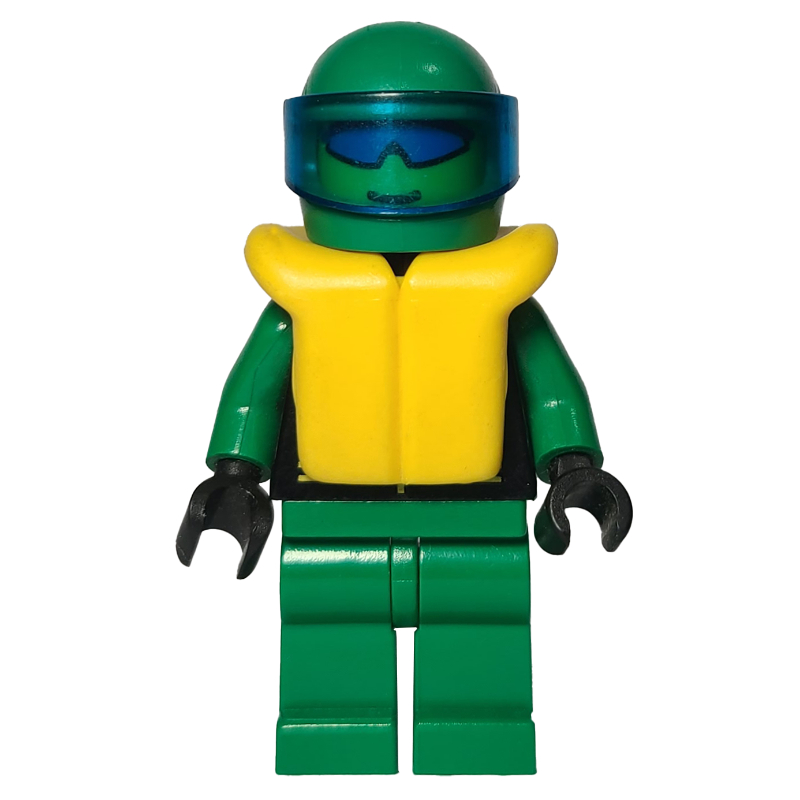 Pilote de course, Extreme Team, veste noire, jambes vertes, casque vert avec visière, gilet de sauvetage jaune, lunettes de soleil bleues (Racer, Extreme Team, Black Jacket, Green Legs, Green Helmet with Visor, Yellow Life Vest, Blue Sunglasses)