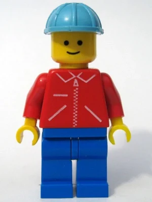 Homme, veste rouge avec fermeture éclair et poches, casque de chantier bleu maersk (Man, Red Jacket with Zipper and Pockets, Maersk Blue Hard Hat)