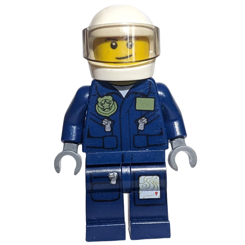 Policier, veste bleu foncé avec poches et insigne, casque blanc avec visière (Policeman, Dark Blue Jacket with Pockets and Badge, White Helmet with Visor)