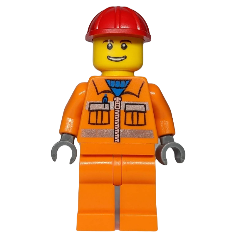 Ouvrier de chantier, veste orange avec fermeture à glissière et rayures réfléchissantes, casque de chantier rouge (Construction Worker, Orange Jacket with Zipper and Reflective Stripes, Red Hard Hat)