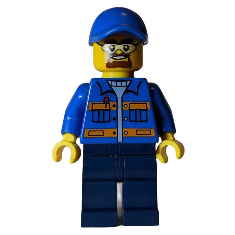 Ouvrier, veste bleue avec rayures orange, jambes bleu foncé, casquette bleue, lunettes de sécurité et bouc (Worker, Blue Jacket with Orange Stripes, Dark Blue Legs, Blue Cap, Safety Glasses and Goatee Beard)