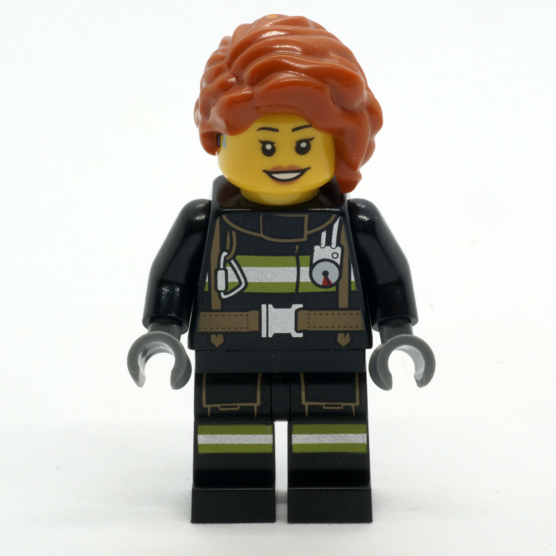 Pompier, tenue de pompier noire, cheveux longs orange foncé, aide auditive (Firefighter, Black Fire Suit, Dark Orange Long Hair, Hearing Aid)