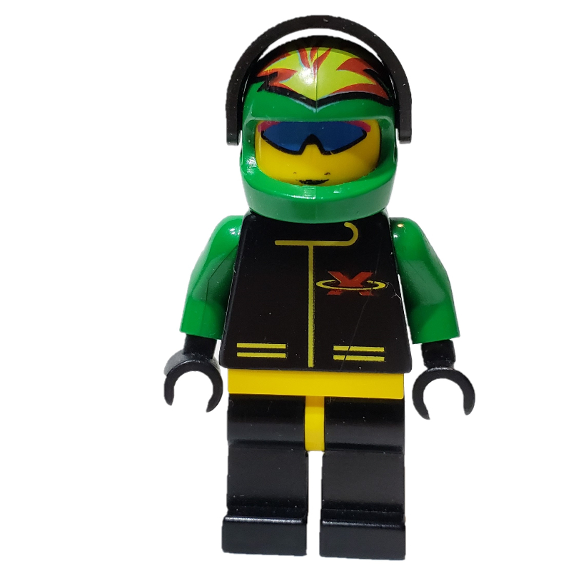 Pilote de course, Extreme Team, veste noire, jambes noires, casque vert avec visière, lunettes de soleil bleues (Racer, Extreme Team, Black Jacket, Black Legs, Green Helmet with Visor, Blue Sunglasses)