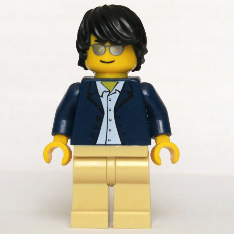 Homme, veste bleu foncé ouverte, jambes beiges, cheveux noirs, lunettes de soleil argentées (Man, Open Dark Blue Jacket, Tan Legs, Black Hair, Silver Sunglasses)