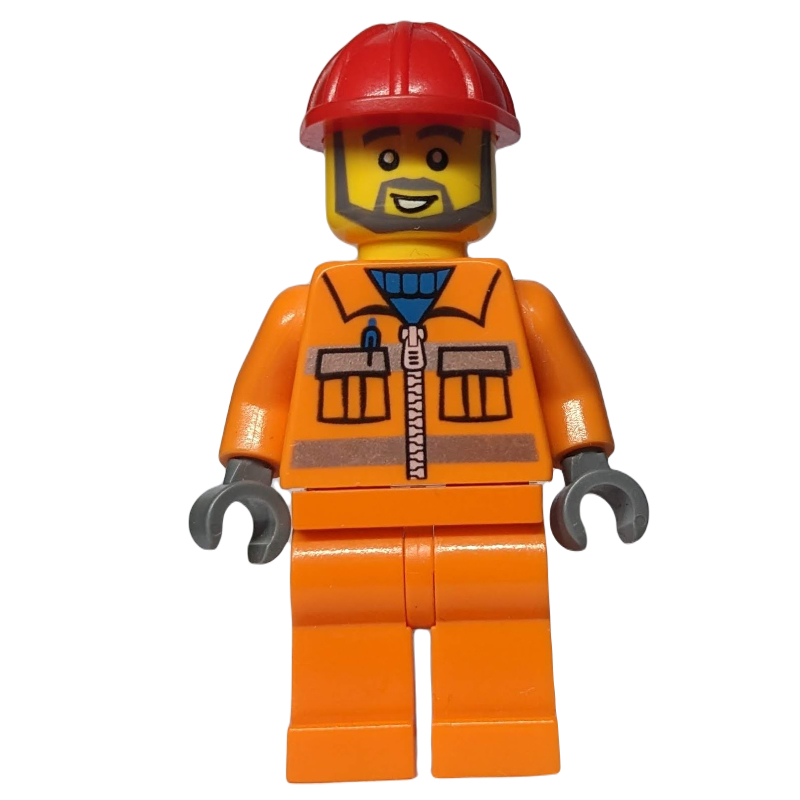 Travailleur de la construction en veste orange avec fermeture à glissière et rayures réfléchissantes, casque rouge, barbe grise (Construction Worker in Orange Jacket with Zipper and Reflective Stripes, Red Helmet, Gray Beard)