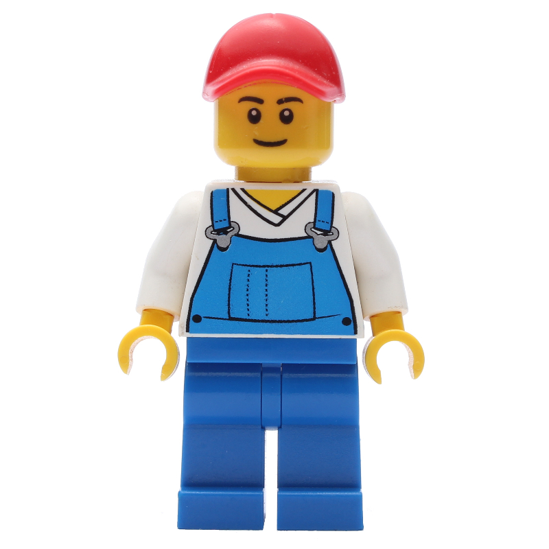 Homme, salopette bleue sur chemise blanche à col en V, casquette rouge (Man, Blue Overalls over White V-Neck Shirt, Red Cap)