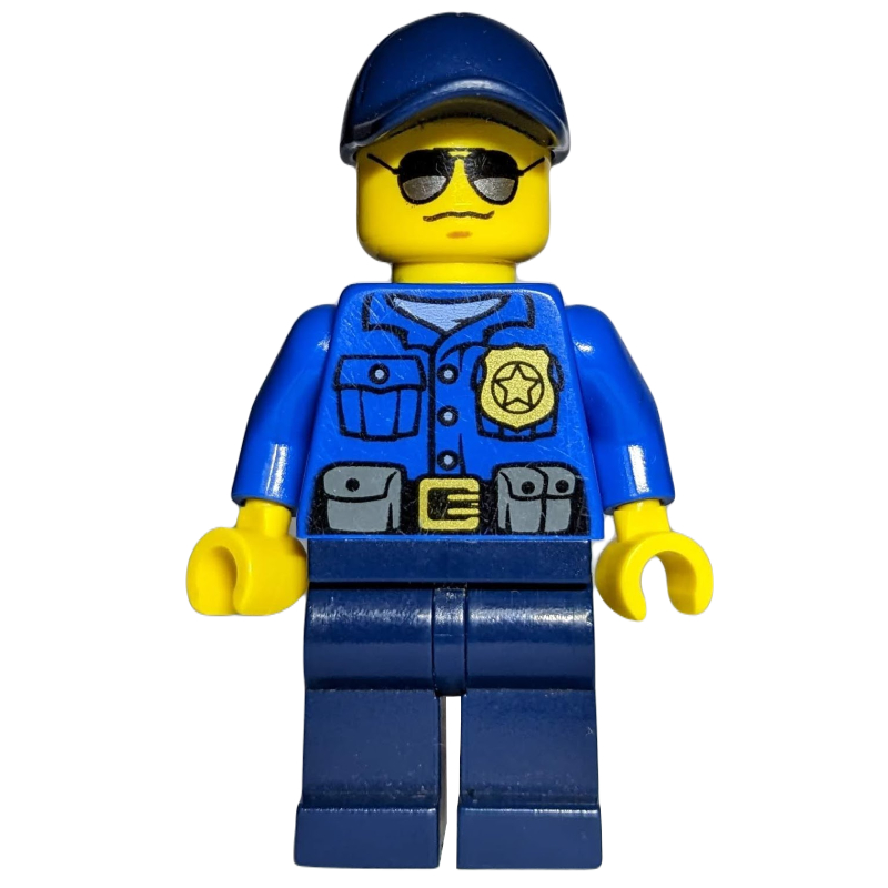 Policier, chemise bleue avec badge et pochettes, jambes bleu foncé, casquette bleu foncé, lunettes de soleil (Policeman, Blue Shirt with Badge and Pouches, Dark Blue Legs, Dark Blue Cap, Sunglasses)