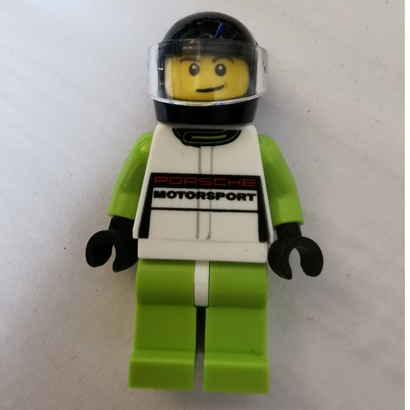 Pilote de course, torse blanc, jambes vert citron, casque noir, porsche (Race Driver, White Torso, Lime Legs, Black Helmet, Porsche)
