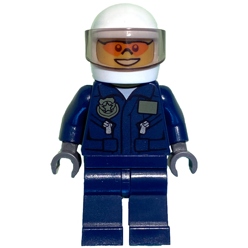 Policier, veste bleu foncé avec poches et insigne, jambes bleu foncé sans motif, casque blanc avec visière, lunettes de soleil orange (Policeman, Dark Blue Jacket with Pockets and Badge, Plain Dark Blue Legs, White Helmet with Visor, Orange Sunglasses)