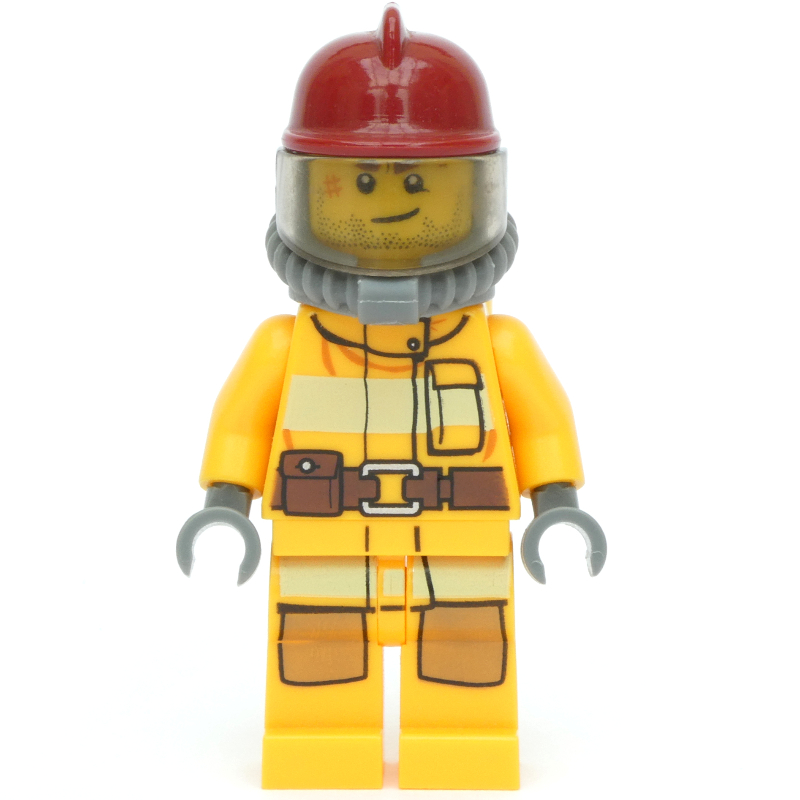 Pompier, tenue de pompier orange clair vif, casque rouge foncé, appareil respiratoire, bouteilles d’air, barbe naissante et cicatrice (Fireman, Bright Light Orange Fire Suit, Dark Red Helmet, Breathing Apparatus, Airtanks, Stubble and Scar)