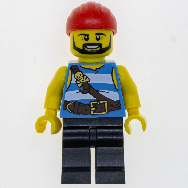Pirate — rayures bleu moyen, jambes noires, bandana rouge (Pirate - Medium Blue Stripes, Black Legs, Red Bandana)