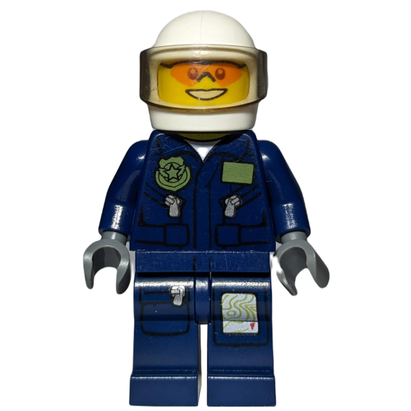 Policier, veste bleu foncé avec poches et badge, casque blanc avec visière, lunettes de soleil orange (Policeman, Dark Blue Jacket with Pockets and Badge, White Helmet with Visor, Orange Sunglasses)