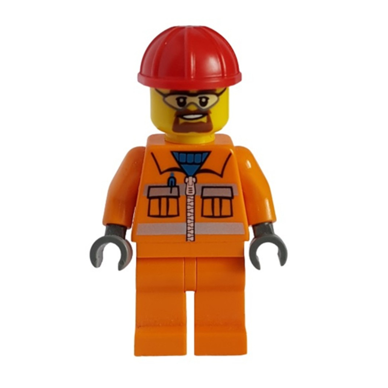 Ouvrier de chantier, veste orange avec fermeture à glissière et bandes réfléchissantes, jambes orange, casque de chantier rouge, bouc et lunettes (Construction Worker, Orange Jacket with Zipper and Reflective Stripes, Orange Legs, Red Hard Hat, Goatee Beard and Goggles)