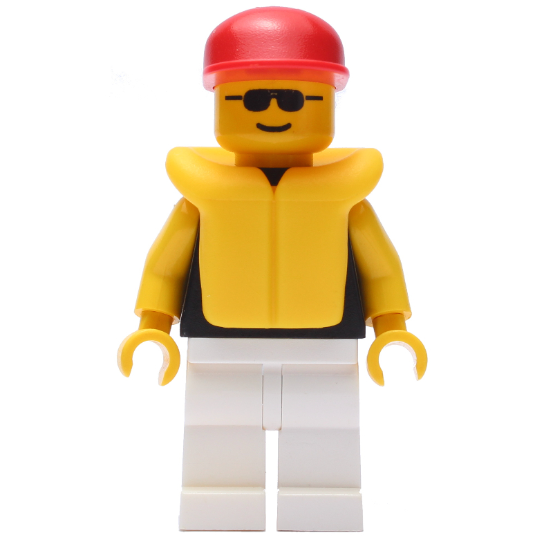 Homme, torse noir, jambes blanches, casquette rouge, gilet de sauvetage jaune, lunettes de soleil (Man, Black Torso, White Legs, Red Cap, Yellow Life Vest, Sunglasses)