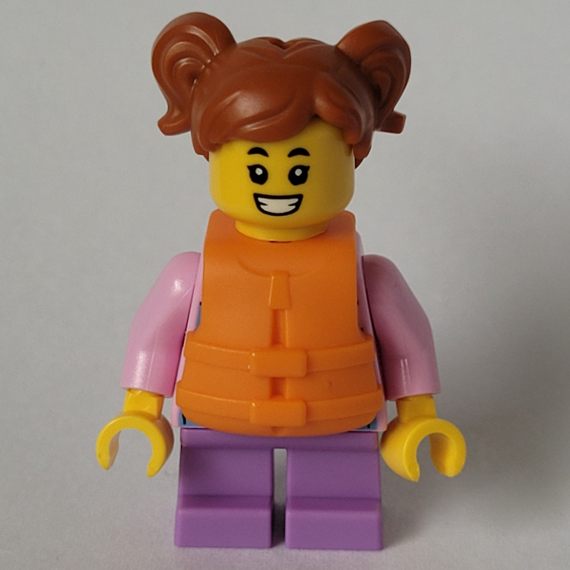 Fille, sweat à capuche rose, courtes jambes lavande moyen, gilet de sauvetage orange, cheveux orange foncé (Girl, Pink Hoodie, Short Medium Lavender Legs, Orange Life Jacket, Dark Orange Hair)